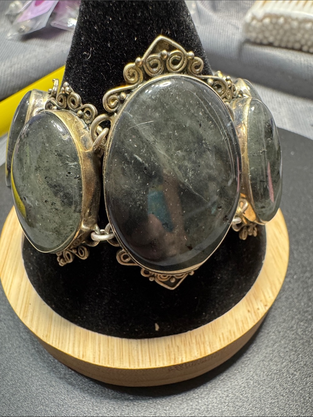Labradorite Silver Statement Bracelet in Gray